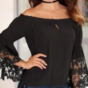 2 Chic Luxe Lace Crochet Top Blouse Bell Sleeve Chic Romantic Elegant OS Black